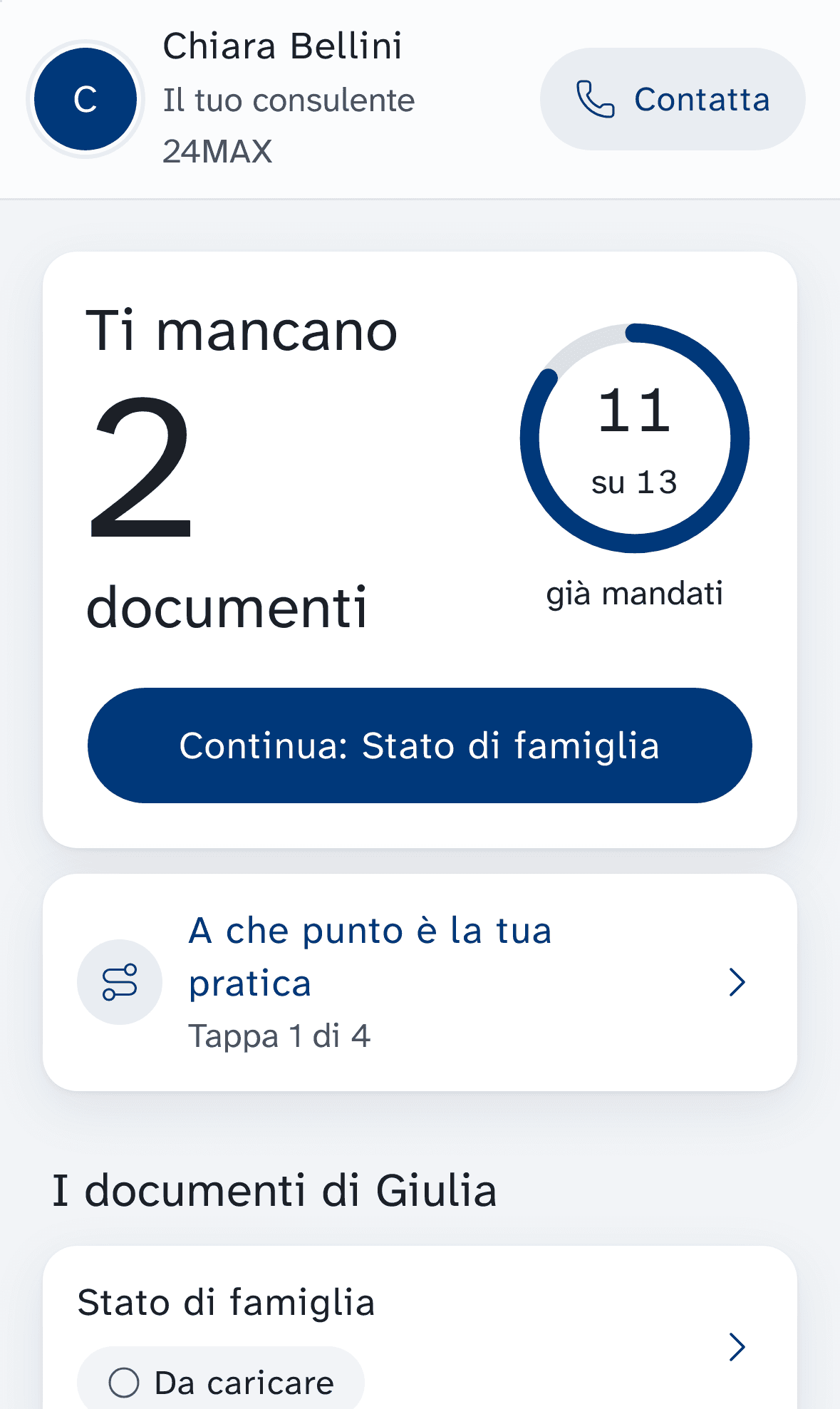 Il portale del cliente: Ti mancano 2 documenti, 11 su 13 già mandati