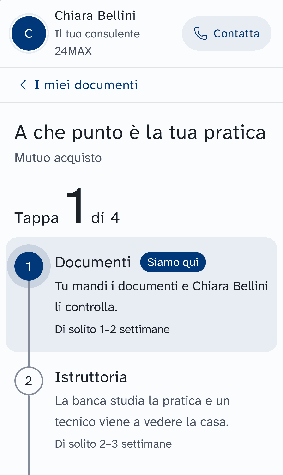 Il portale: a che punto è la pratica, tappa 1 di 4, documenti